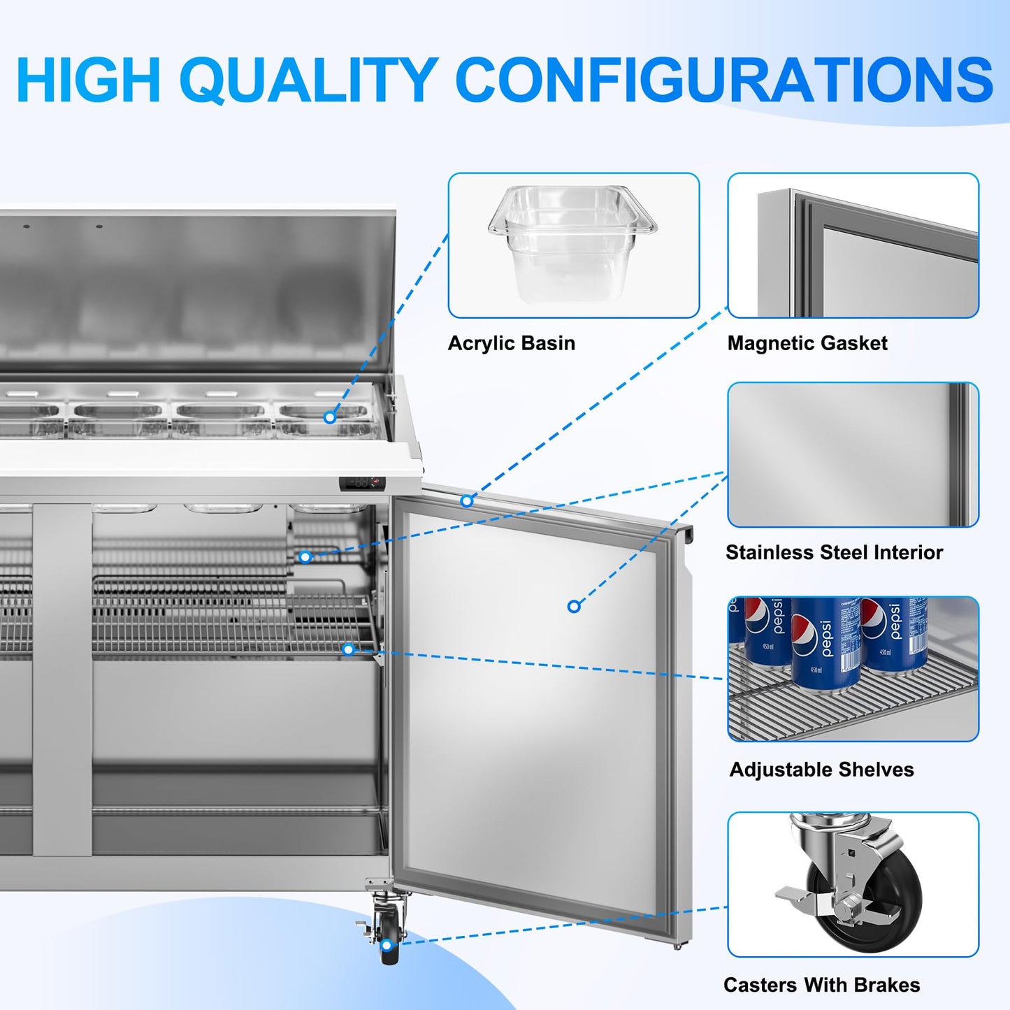 Rockitch 48" W Commercial Refrigerator Sandwich Salad Prep Table, 13.8 Cu.ft 2 Door Commercial Stainless Steel Mega Top Food Prep Fridge with 18 Pans, Salad Prep Station for Restaurant, Bar, Shop