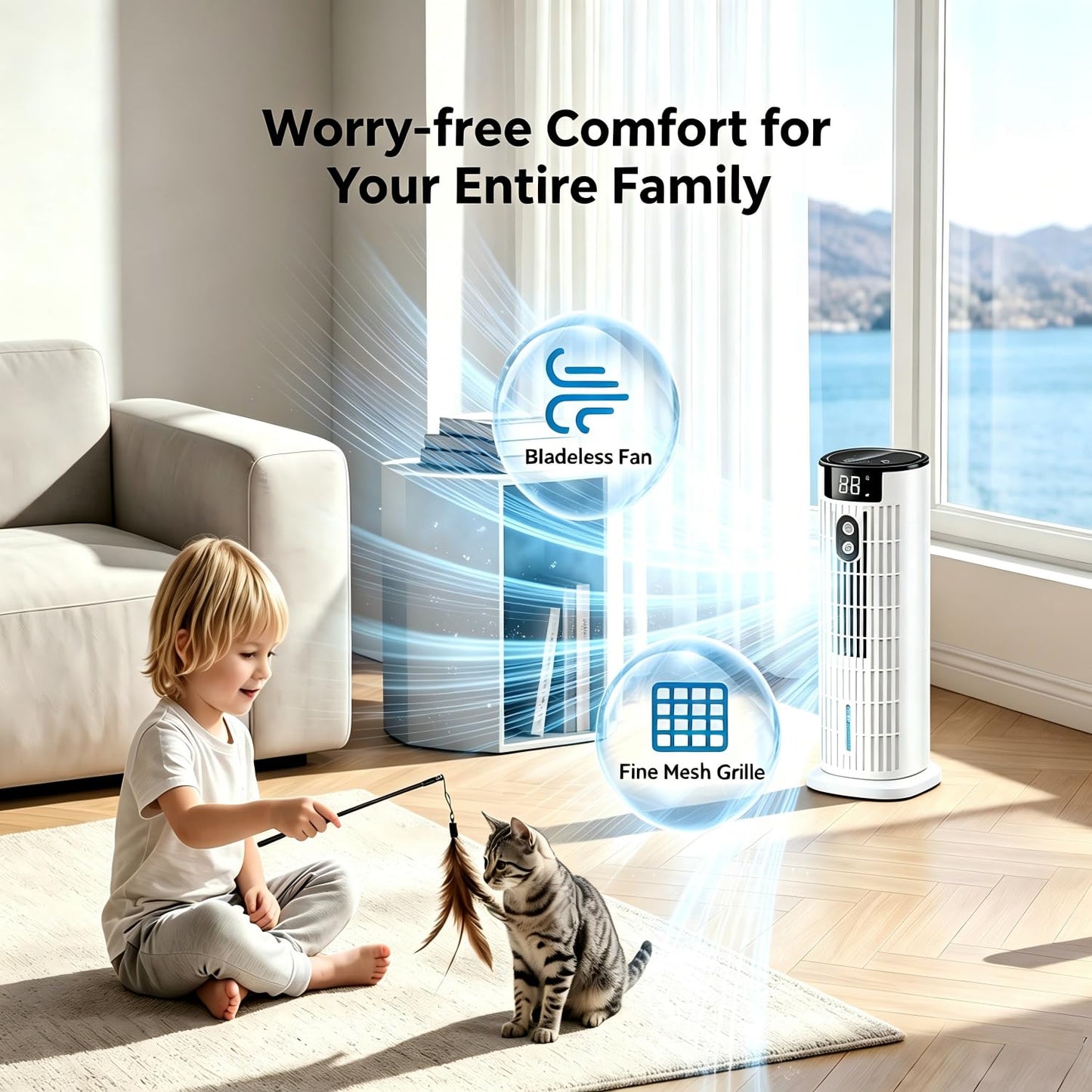 Portable Air Conditioners,2026 Upgraded DC Motor, 25ft/s High Velocity,1000ML Tower Fan with Remote,3 Wind Speeds&Turbo Mode,2 Mist,10H Timer,90° Oscillating Cooling fan for Home,Office(White)