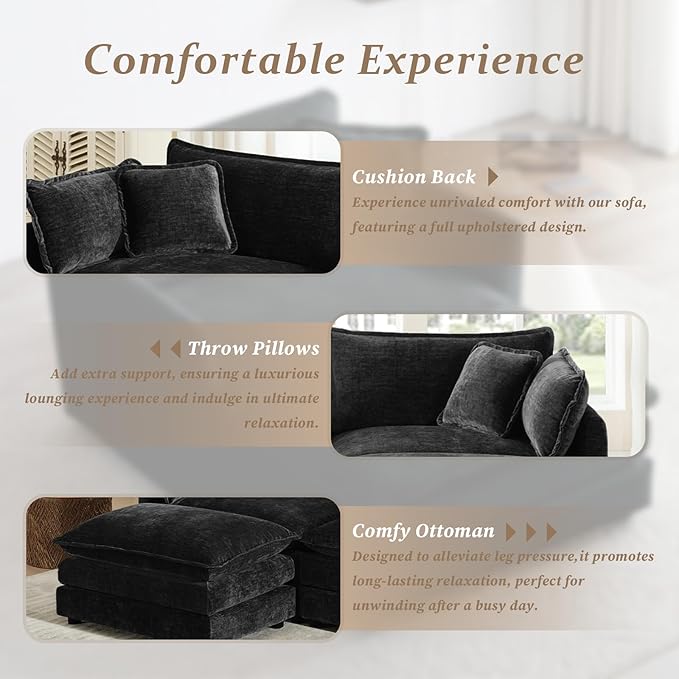 SoarFlash Chenille Sectional Sofa, Comfy L Shaped Modular Coush Sofa with Ottoman, Modern 3 Seat Couch Deep Seat Sofa Set for Living Room,Black