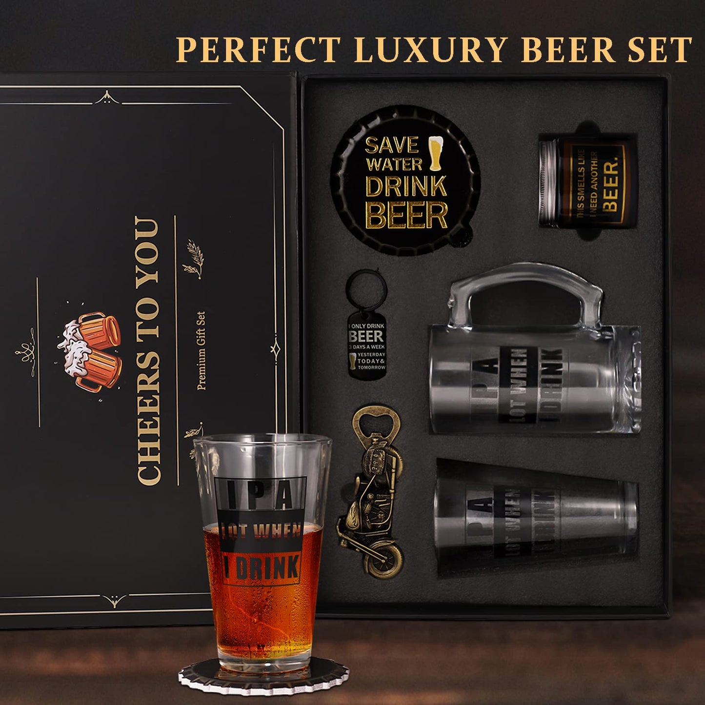 ELSEULAR Beer Gifts for Men, Gift Basket for Beer Lovers, Gifts Box for Dad Husband Boyfriend Grandpa, Anniversary Wedding Birthday Gifts for Him incl. Beer Glass Bottle Opener Coaster Keychain