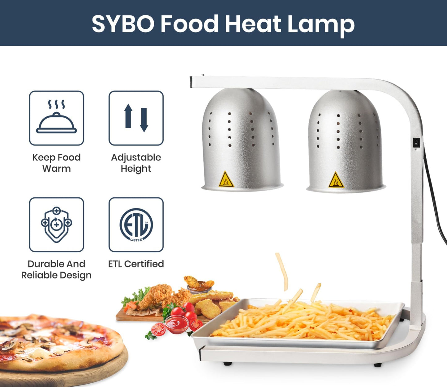SYBO DL2112 Commercial Grade Food Heat Lamp, Electric 2-Bulb Food Warmer with Adjustable Stand, 500W, Silver