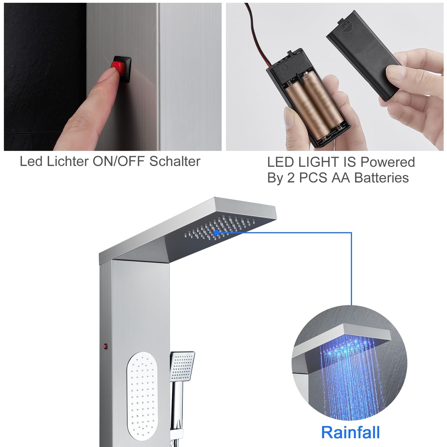 MENATT Luxury Shower Tower System with LED Shower Head, 5 Functions Shower Panel Tower System with 4 pcs Body Massage Jets,Body Waterfall Spray, Handheld Shower and Tub Spout, Brushed Finish