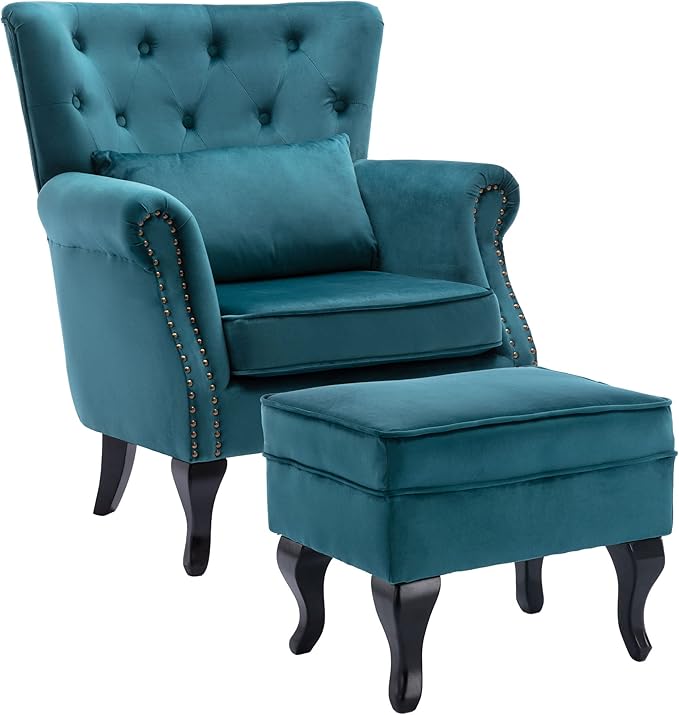 DM Furniture Mid Century Accent Chair with Ottoman Modern Button Tufted Armchair Wingback Club Chair Velvet Single Sofa Lounge Chair with Pillow for Living Room Bedroom, Teal Blue