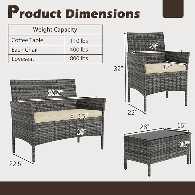 RELAX4LIFE 4-Piece Patio Furniture Set - Rattan Outdoor Conversation Bistro Set w/Cushions, Glass Coffee Table, Wicker Chairs & Loveseat for Garden Backyard Porch Balcony (1, Mix Grey-Beige)