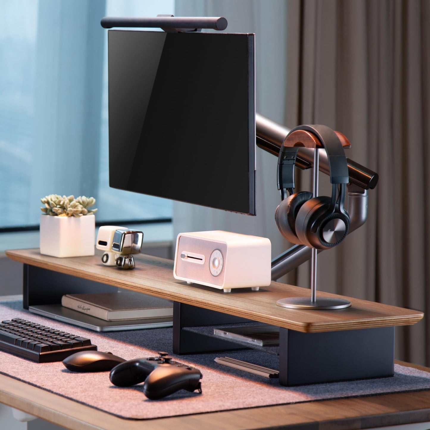 Ive Design Walnut Monitor Stand For Desk (44 Inch) Large Monitor Stands For 2 Monitors, Desk Shelf For Top Of Desk Walnut Monito