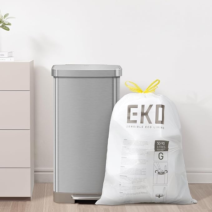 EKO 21 Gallon / 50-90 Liter, 60 Count Drawstring Trash Bags, Extra-Strong Garbage Bags, Lemon Zest Scent with Continuous Odor Control, Easy-Dispense Roll for Kitchen and Household Use, Code G, White