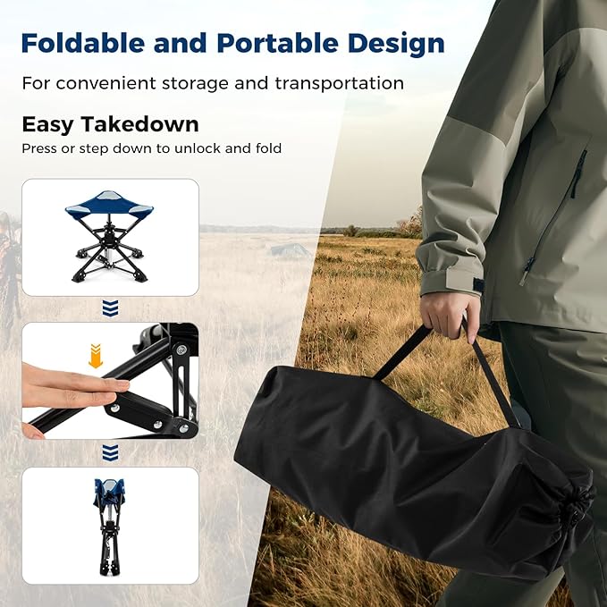 GYMAX 360° Swivel Camping Stool, Portable Folding Stool Seat with Carry Bag, Collapsible & Lightweight for Outdoor Fishing Backpacking Hunting Hiking Travel