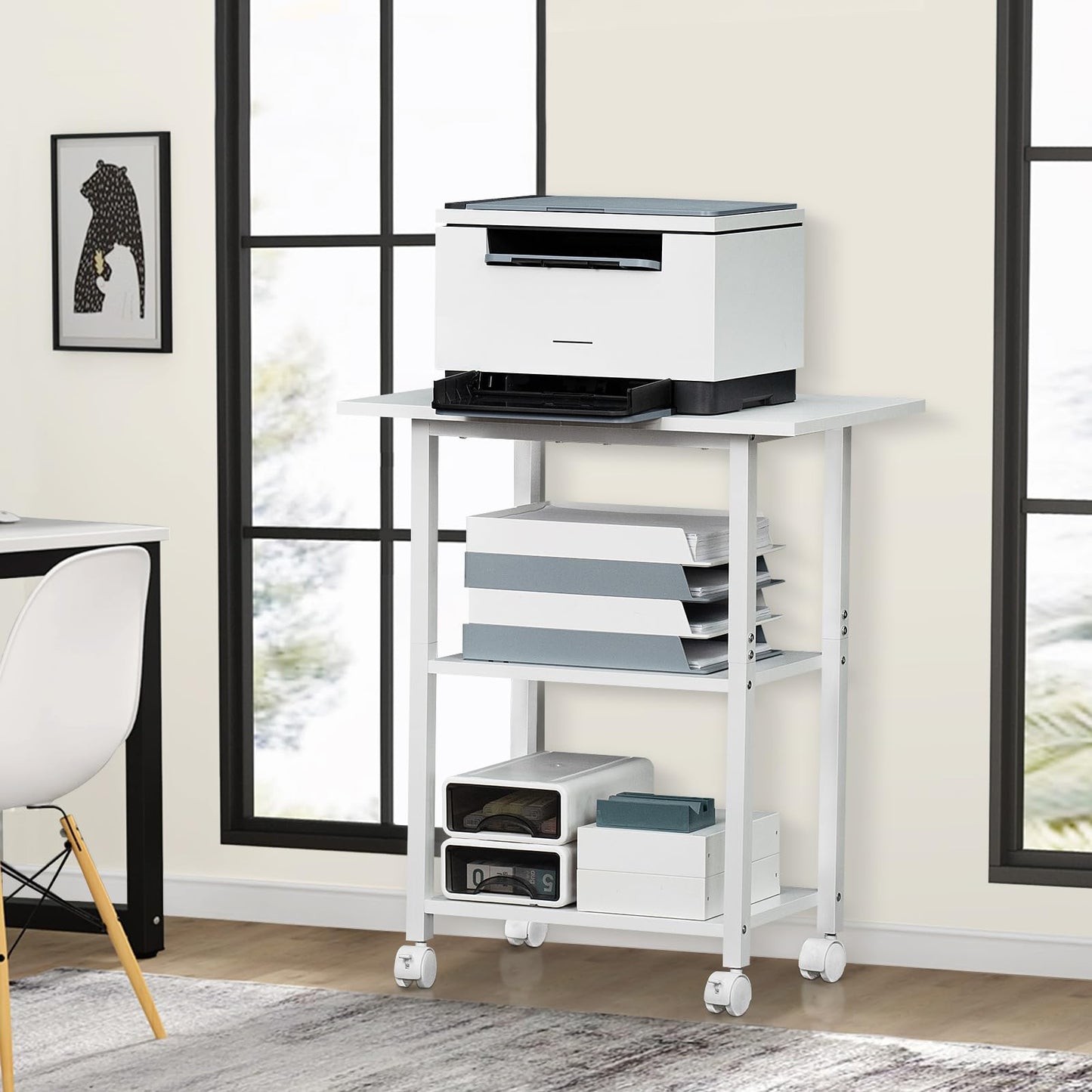 Lerliuo 3-Tier Printer Stand, Industrial Mobile Printer Table with Storage Shelf and Steel Frame, Rolling Printer Cart Holder with Lockable Wheels for Home, Office (Brown)