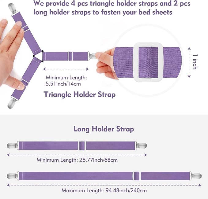 Bed Sheet Holder Straps, 4+2 Pcs Adjustable Mattress Sheet Clips, Bed Sheet Fasteners Elastic Sheet Suspenders to Keep Bed Sheet in Place for Different Beds (Purple)