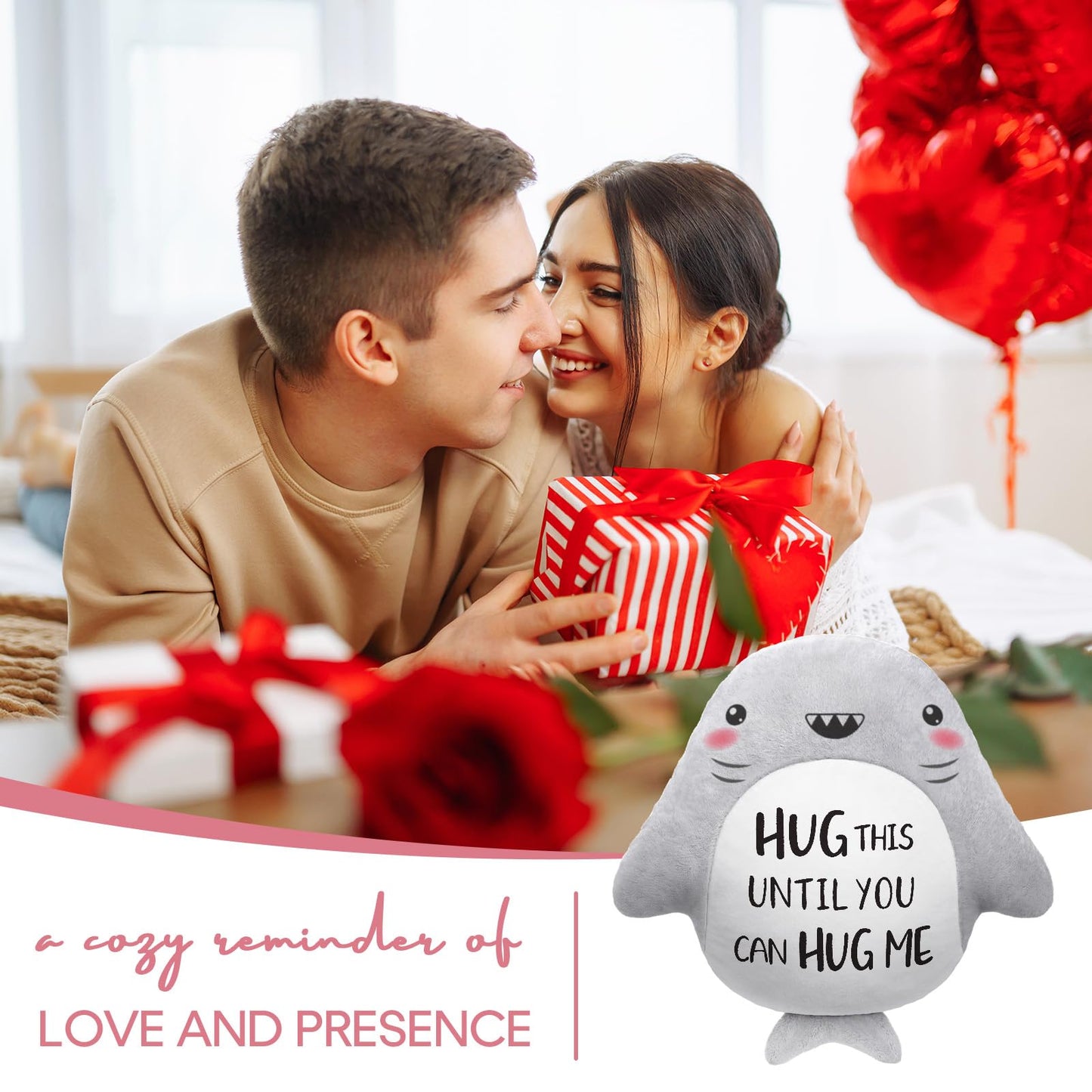 musaecoin Long Remote Distance Relationship Gifts- Novelty Cute Plush Shark Pillow- Birthday Gifts for Girlfriend/Boyfriend, I Love Miss You Gift for Her/Him, 15”×15”