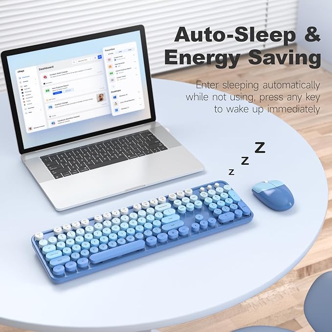 Wireless Keyboard Mouse Combo, Typewriter Full Size Keyboard with Number Pad and 2 in 1 USB Connected Mouse for Windows 7/8/10, Laptop, Desktop, PC, Computer (Blue)