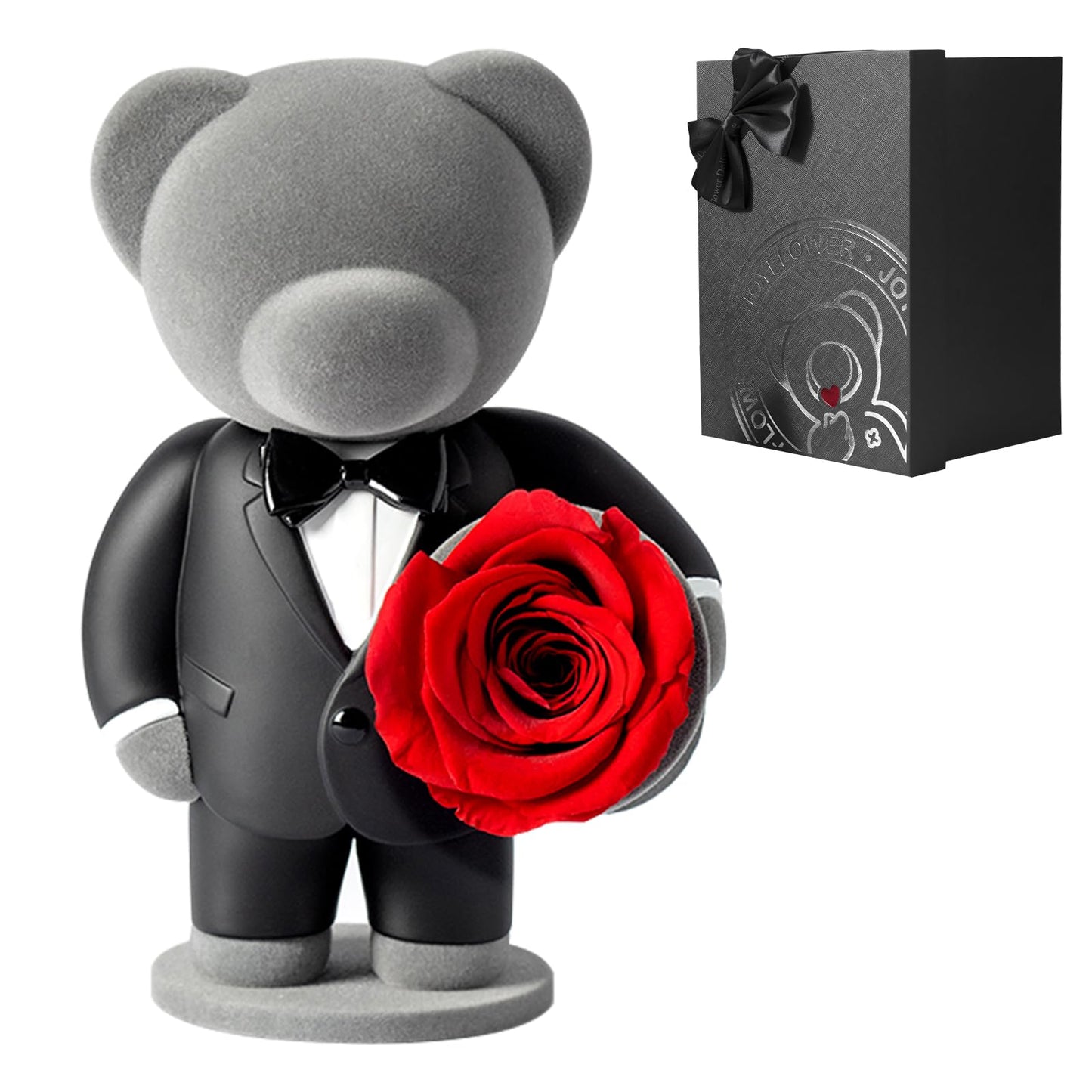 JoyFlower Preserved Flowers with Cute Teddy Bear in Suit, Unique Gentleman Bear Eternal Real Red Rose Romantic Gift with Elegant Gift Box for Girlfriend Wife Her in Valentines Birthday Anniversary