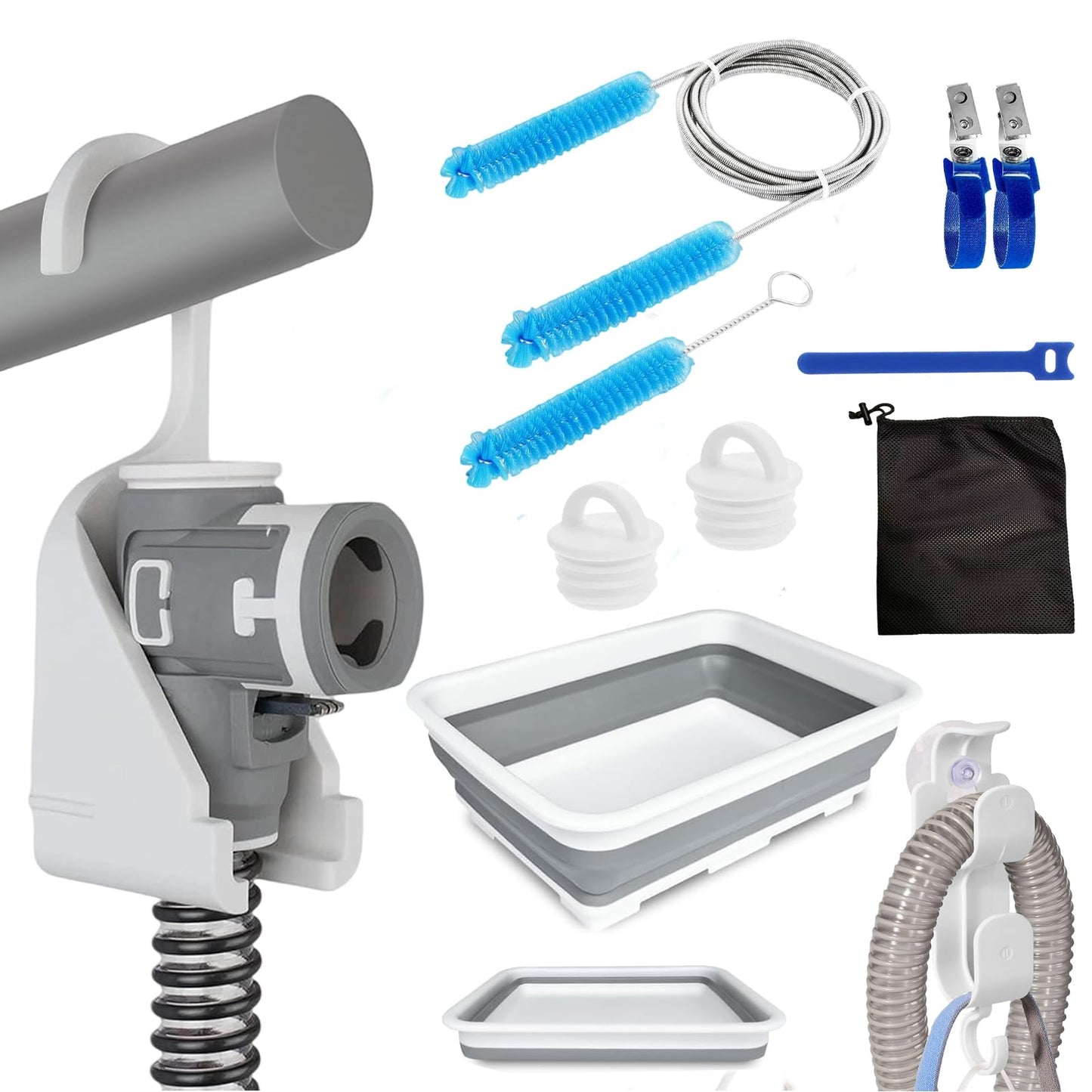 11 Pack CPAP Tube Cleaning Kit, Collapsible Wash Basin,CPAP Hose Hanger,CPAP Hose Holder for Bed,CPAP Hose Plugs,CPAP Tube Clips,Tube & Mask Cleaning Brush for 15-22mm Diameter Tubing with Storage Bag
