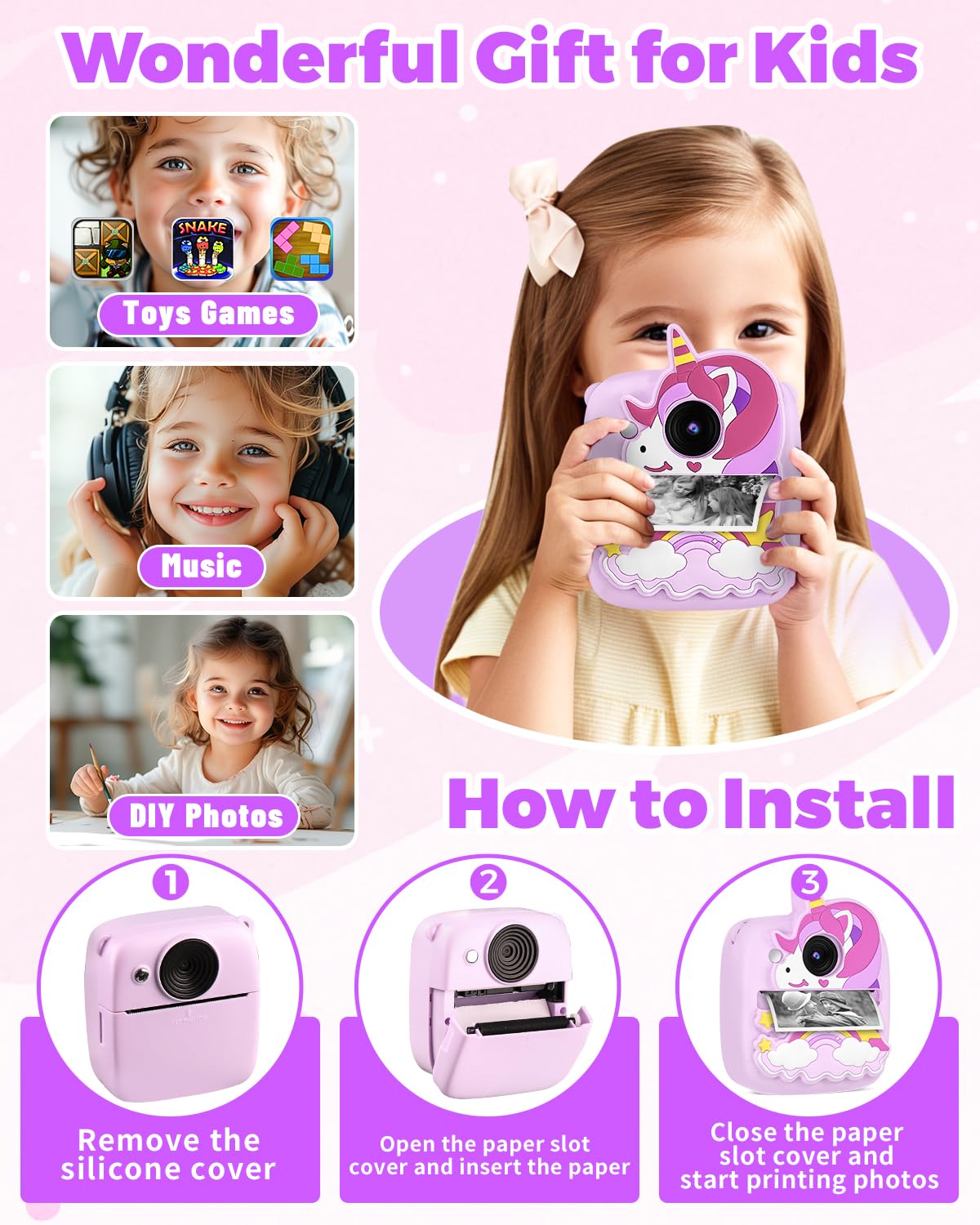 Kids Camera Instant Print, Christmas Birthday Gifts for Gils Age 3-8, 48MP &1080P Children Camera with Silicone Cover, Portable Toy Instant Camera for Kids 3 4 5 6 7 8 9 10 Year Old Girls