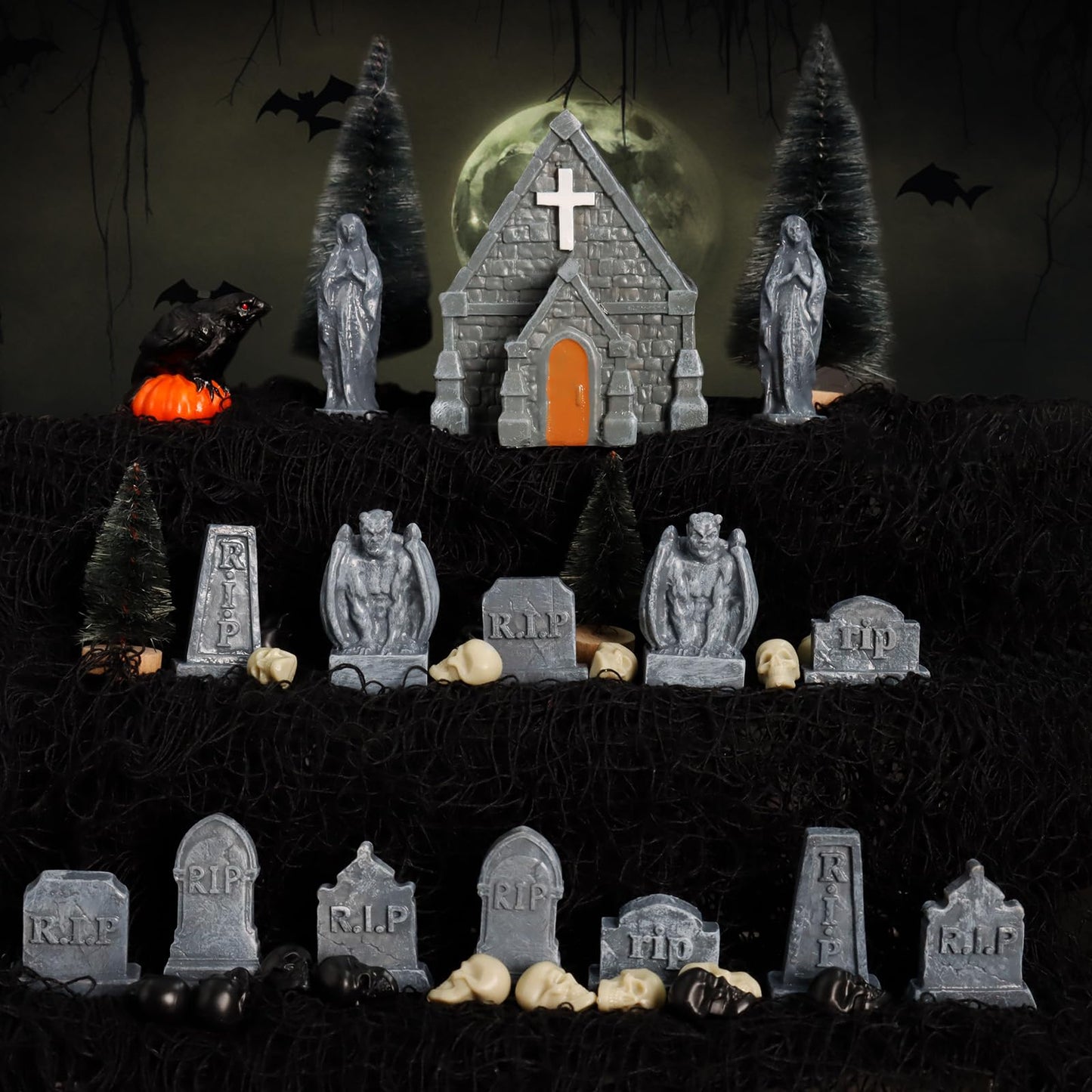 Rileryan 15 PCS Miniature Church Tombstones Gargoyle Virgin Figurines DIY Graveyard Scenes for Halloween Village Decorations Accessories Cemetery Terrain Scenery