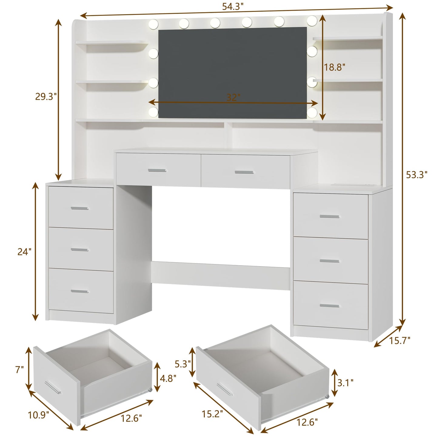 HUAHUU Large Vanity Desk with Mirror & Lights, White Makeup Vanity with 8 Drawers & 6 Storage Shelves, Vanity Set with LED Lights and Power Outlet, 3 Lighting Modes, Adjustable Brightness