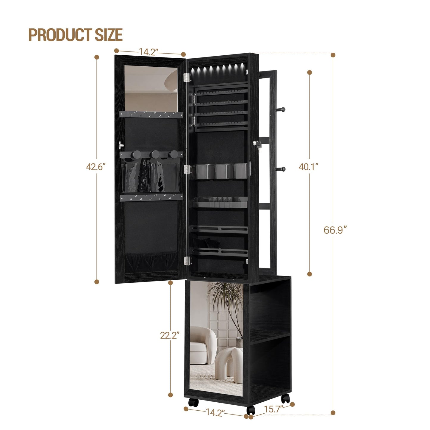 Hzuaneri 8 LEDs Jewelry Cabinet Armoire, 66.9-inch Jewelry Organizer with Garment Rack, Lockable Full-length Mirror with 4 Wheels, Storage Shelves with Hooks, 5-in-1, Black JC17004B