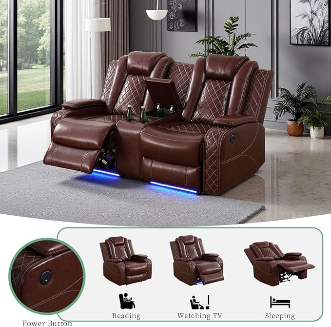 Dekmxas Power Recliner Sofa Set with Cup Holders, Living Room Furniture Sofa Sets, Brown Breathing Leather Reclining Loveseat with LED Light & Storage Console for Office & Dorms & Living Room