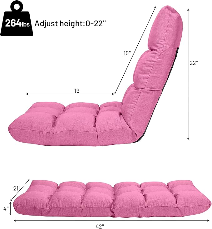 GORELAX Floor Chair with Back Support, 14-Poistion Adjustable Folding Gaming Chair Recliner, Meditation Chair with Steel Frame, Padded Lazy Sofa Chair for Adults, Kids (Pink)