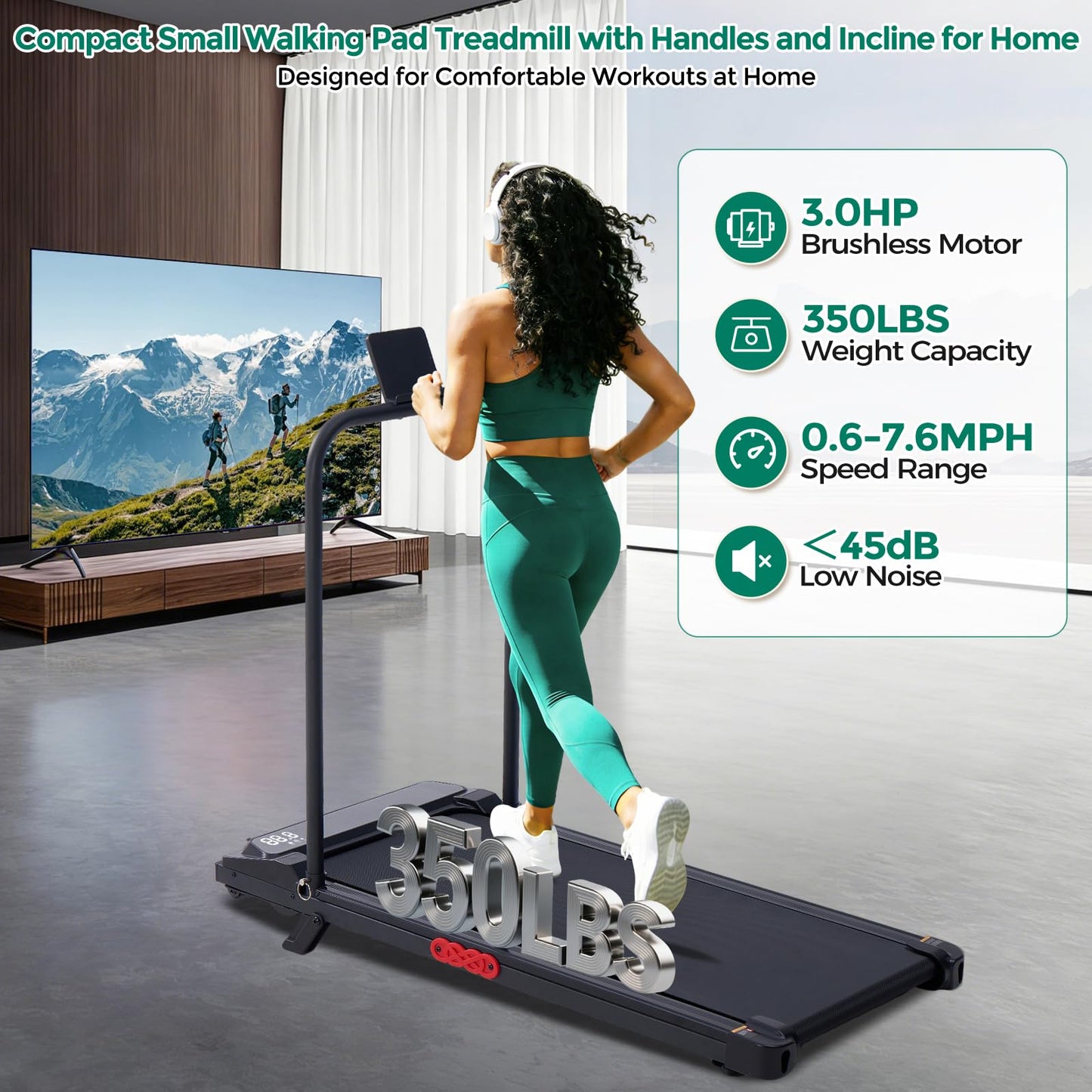 Walking Pad Treadmill with Handle Bar and Incline, 0.6-7.6MPH Electric Under Desk Treadmill for Home Small, 350LBS Mini Small Treadmills with Handles, 3.0HP Portable Treadmills for Home Exercising