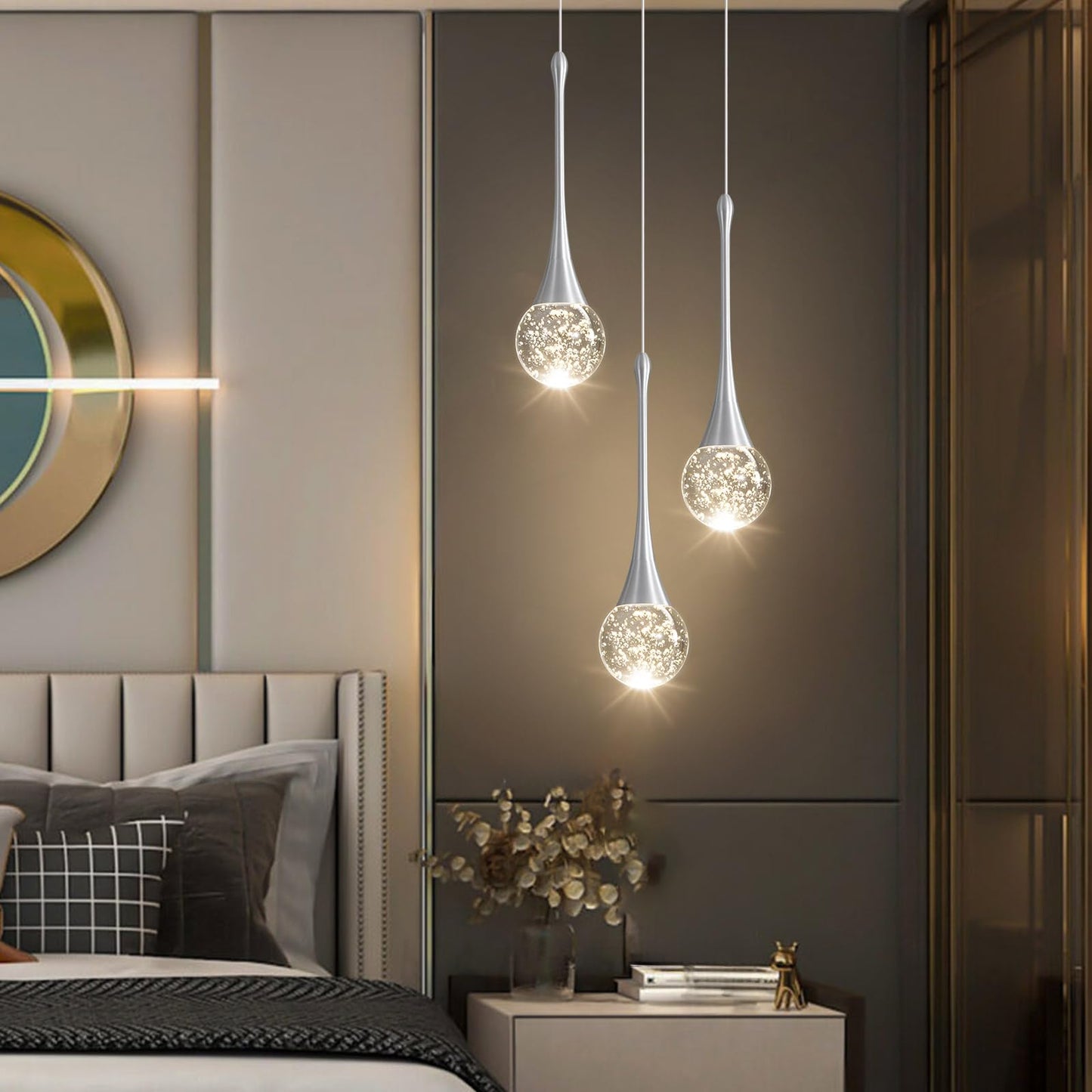 cenozo 3-Lights Modern Pendant Lights for Kitchen Island LED Dimmable Crystal Glam Ceiling Pendant Lighting Chandelier for Dining Room Hallway Bedroom Corner Lamp Brushed Nickel