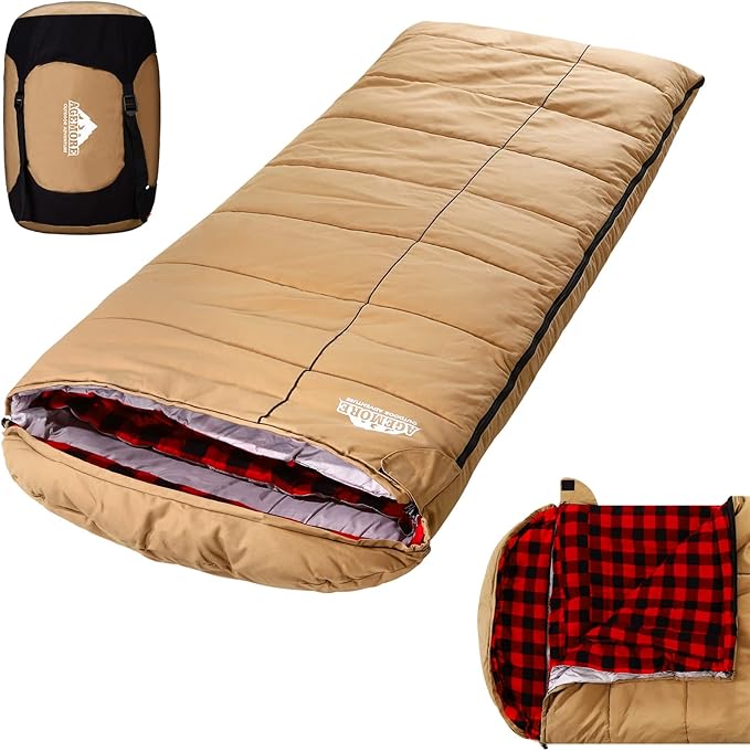 AGEMORE 0 Degree Canvas Sleeping Bag for Adults, Cotton Flannel Sleeping Bag for Winter Camping, Fishing, Hunting or Trave...