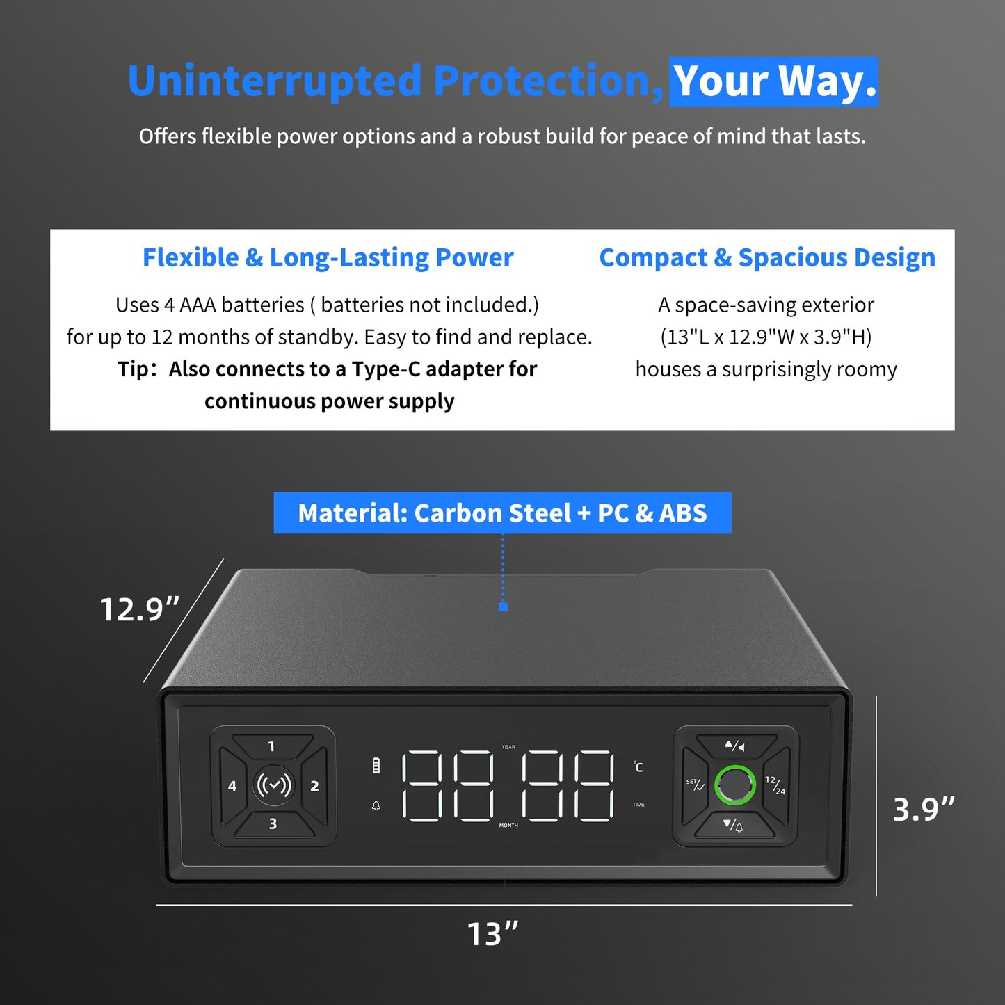 Medunor Smart Safety Box, Biometric Gun Safe for Handguns, Portable Security Safe with Fingerprint Lock, RFID Card, Keys, Anti-Theft Steel Cable, for Home & Travel, USB Charging, 2.4L Capacity