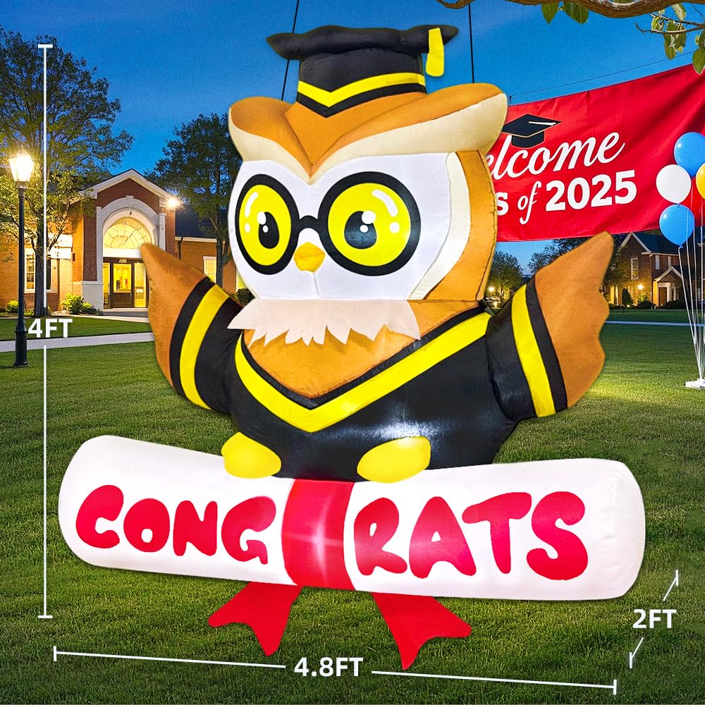 KOOY 4FT Inflatable Graduation Decorations with LED Lights – Blow Up Graduation Yard Sign, Inflatable Graduation Owl Grad Decor for Party College, Perfect for Yard Event Decor
