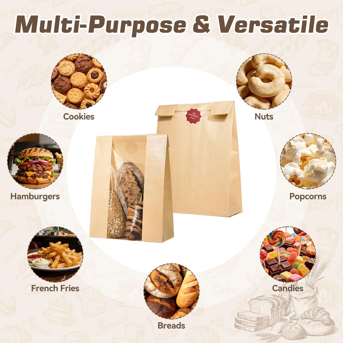 25 Pcs Bread Bags for Homemade Bread, Paper Sourdough Bags with window, Large Bakery Loaf Bag with Stickers for Cookies, Popcorns, Hamburgers (25, 14.2"x8.3"x3.6")
