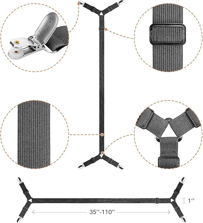 ZHOUBIN Bed Sheet Holder Straps, Adjustable Elastic Crisscross Bed Sheet Fastener Straps Grippers Suspenders for All Bed Sheets, Mattress Covers(2 Set/4Pcs, Black)