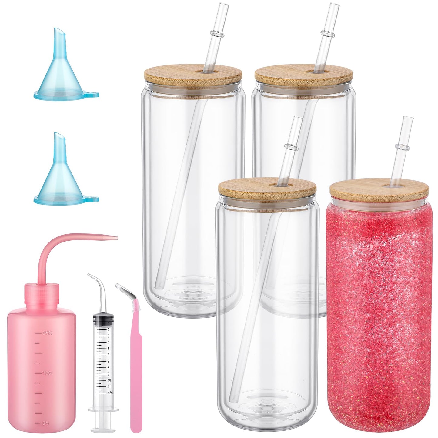 Skylety 9 Pcs Snow Globe Tumbler Supplies for Glitter Snow Globe Kit DIY Glass Cup Gift 16oz Pre Drilled Double Wall Cup with Lid and Straw Squeeze Bottle Funnel Tweezer Bent Syringe(Log Color)