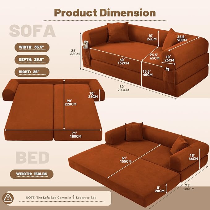 GJQ Convertible Futon Sofa Bed,80" Folding Pull Out Couch Bed with Storage,Queen Sleeper Sofa Bed,Compressed Couch in a Box,Corduroy Boneless Couches for Living Room,Orange