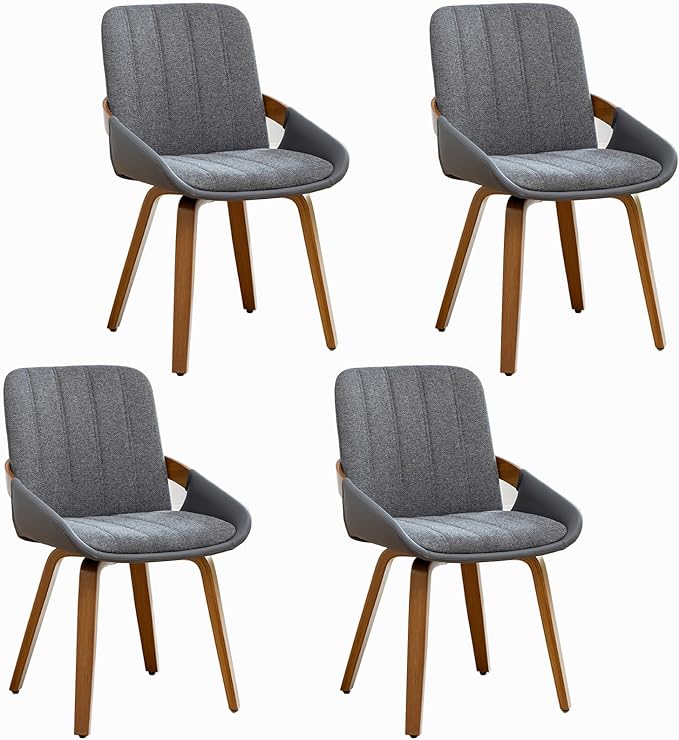 YOUUGIOR Dining Room Chairs Set of 4, Mid Century Modern Gray Fabric+Faux Leather Kitchen Chairs No Arms,Bamboo Legs Side Chairs No Wheels,Accent Chair for Dining Rooms