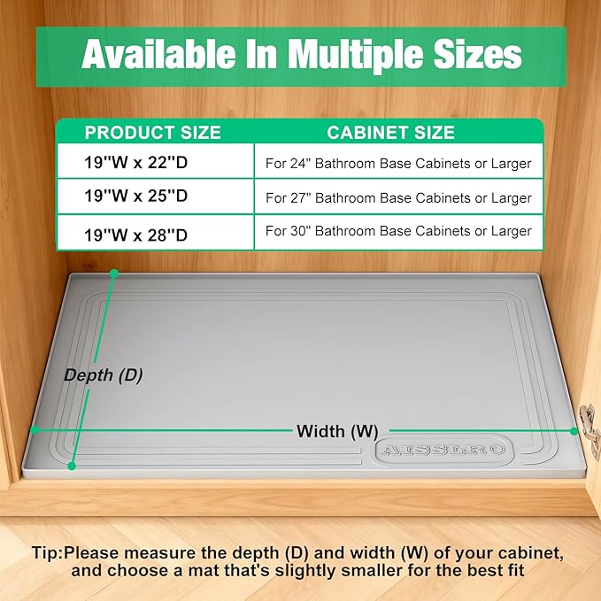 Under Sink Mat 22" X 19", Waterproof Silicone Under Sink Mats for Kitchen, Anti-Leak Shelf Liner & Cabinet Protector with Raised Edge, [BPA Free] Bathroom Tray Home Organizer, Light Grey