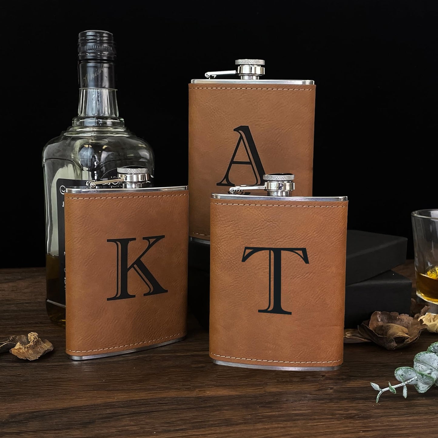 CARAKNOTS Hip Flasks for Liquor for Men Leather Drinking Whiskey Flask with Initials Engraved Stainless Steel with Funnel 8 OZ Personalized Christmas Birthday Gifts for Dad Him Letter T
