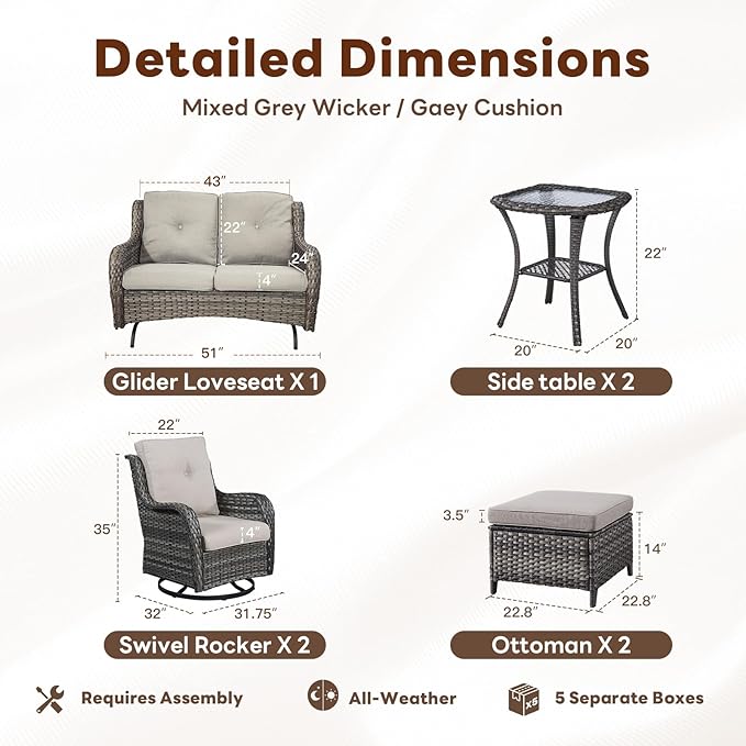 Belord Outdoor Patio Furniture Set - 7 Piece Gray Wicker Conversation Patio Furniture Set All Weather Swivel Chairs with Ottoman and Loveseat Glider Chair for Deck Balcony Backyard