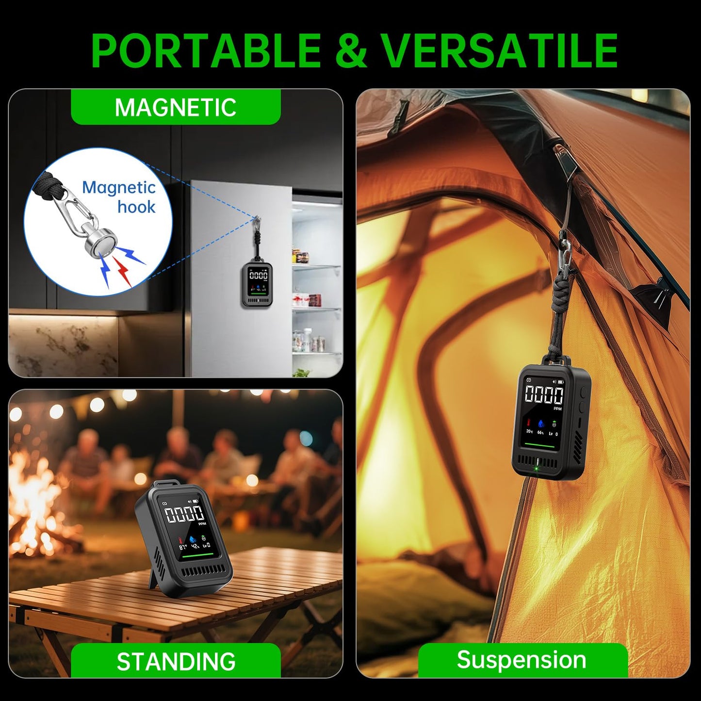 Portable Carbon Monoxide Detector for Travel, 4-in-1 CO Detector with Audible & Visual Alerts, Magnetic Lanyard, LED Light, 220H Standby, CO Monitor/Temp/Humidity/UV Sensor for Camping, Home, RV, Car