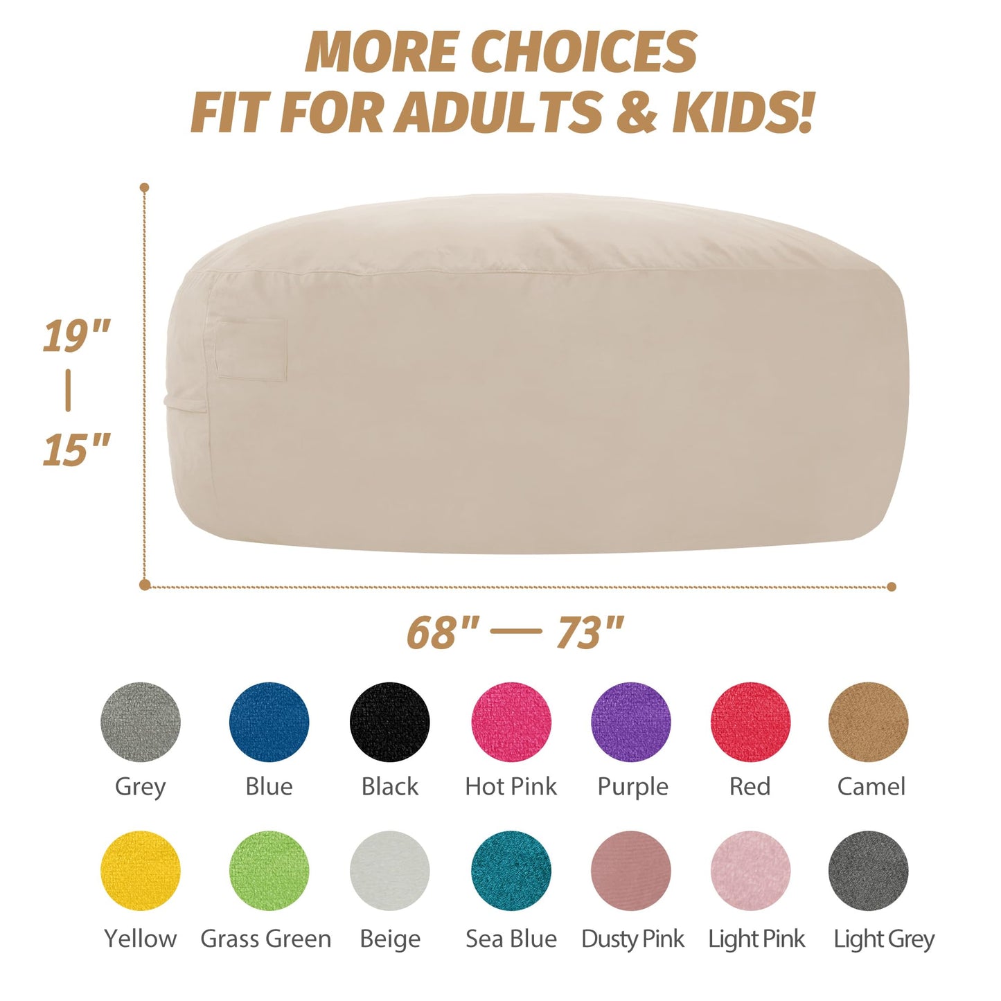 lilanoon Bean Bag Chair 7FT with Ultra Soft Velvet Cover Memory Foam Bean Bag Large Size Lazy Sofa for Living Room Beige 7FT