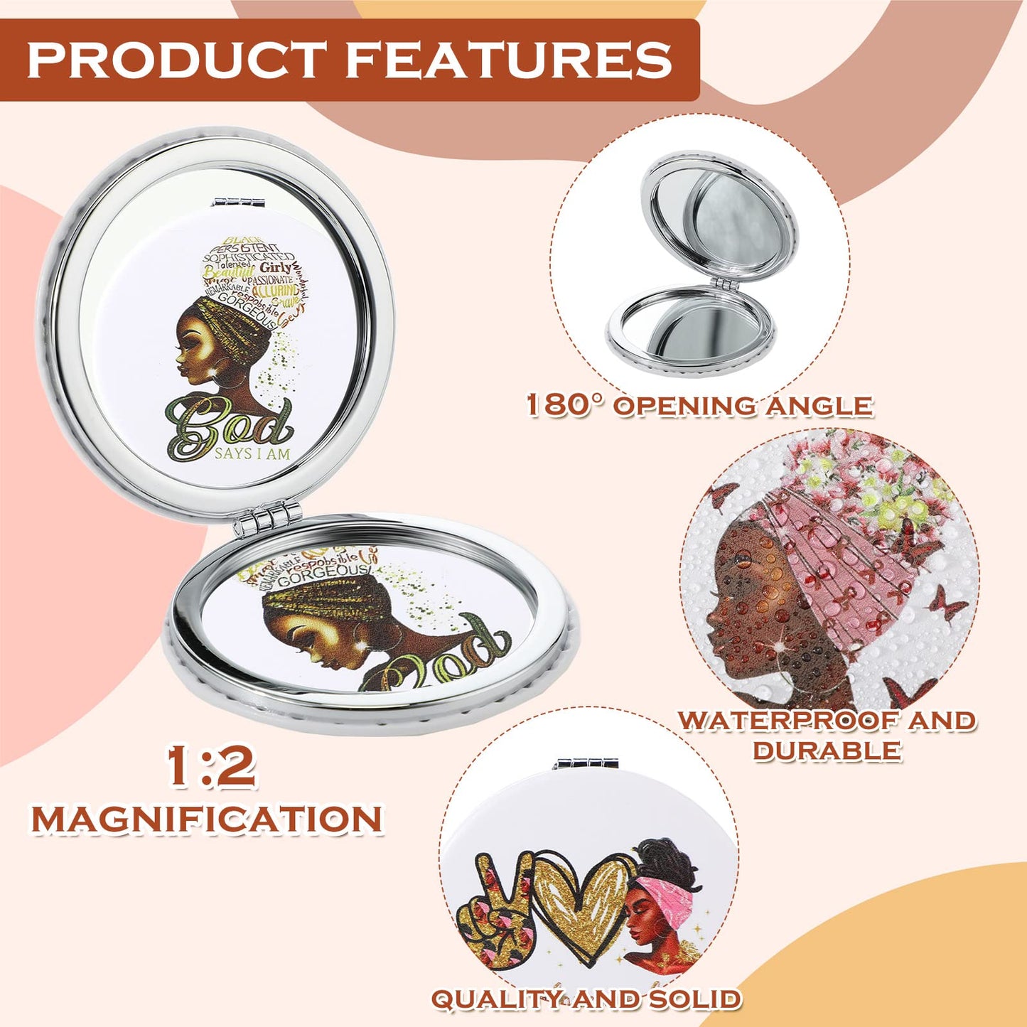 Fumete 4 Pcs African Women Compact Travel Makeup Pocket Mirror for Purse Mini Compact Small Double Sided Folding Mirror Portable