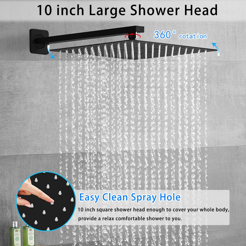 Matte Black Shower System YCAIKOI Wall Mount Shower Faucet Set for Bathroom 10 Inch High Pressure Luxury Shower Head with Handheld, Rough-in Valve Body and Trim Included
