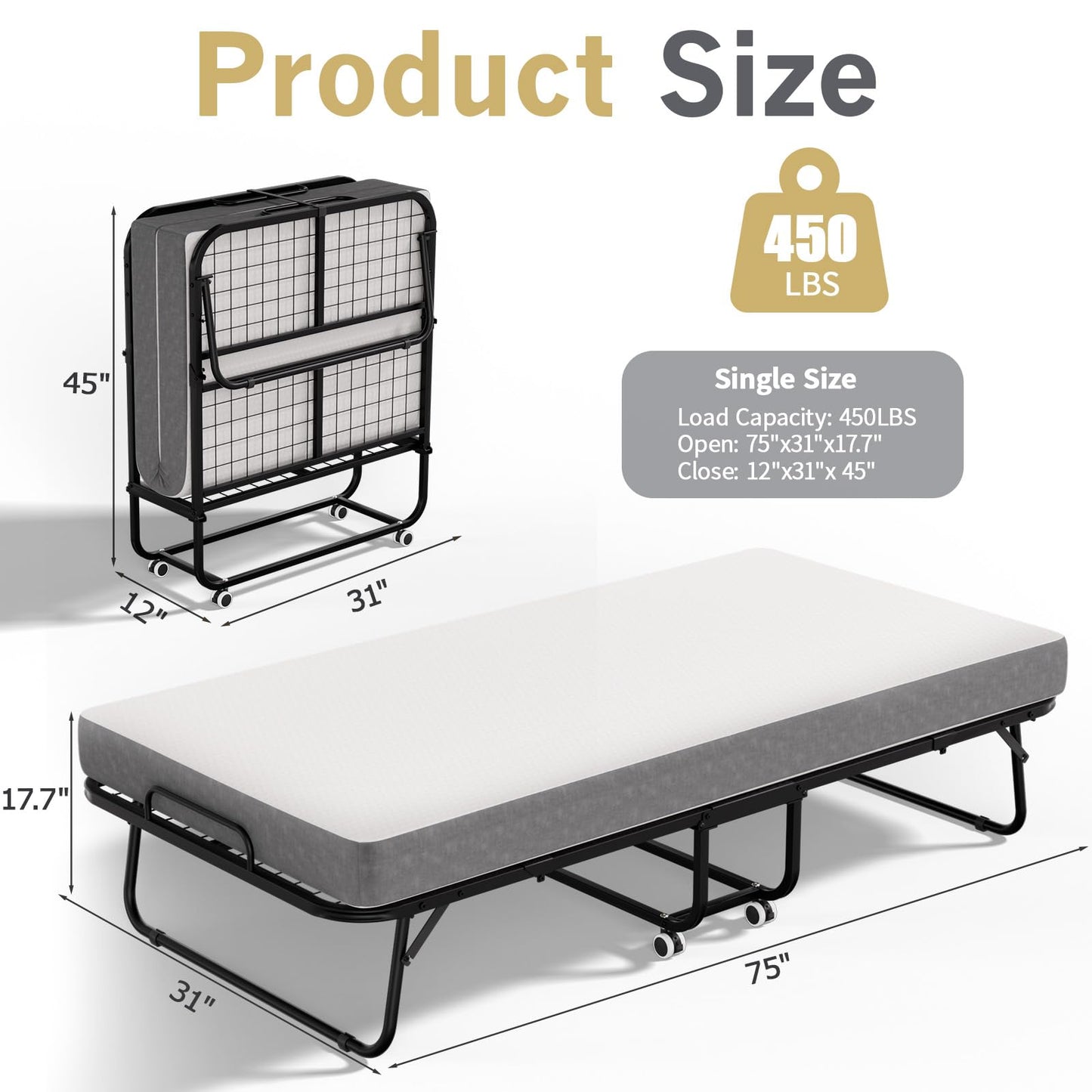 Pelnuies Nuvatheon Folding Bed with Mattress for Adults, Foldable Bed Frame, Portable Rollaway Bed with 5-inch Memory Foam Mattress & Sturdy Metal Frame, Space-Saving Easy Storage,75"x 31"
