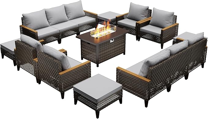 Xmkmvk 15 Piece Patio Sectional Sofa Set with 50000 BTU Fire Pit Table, All-Weather Wicker Rattan Outdoor Conversation Set, High Back, for Garden, Porch, Poolside, Gray