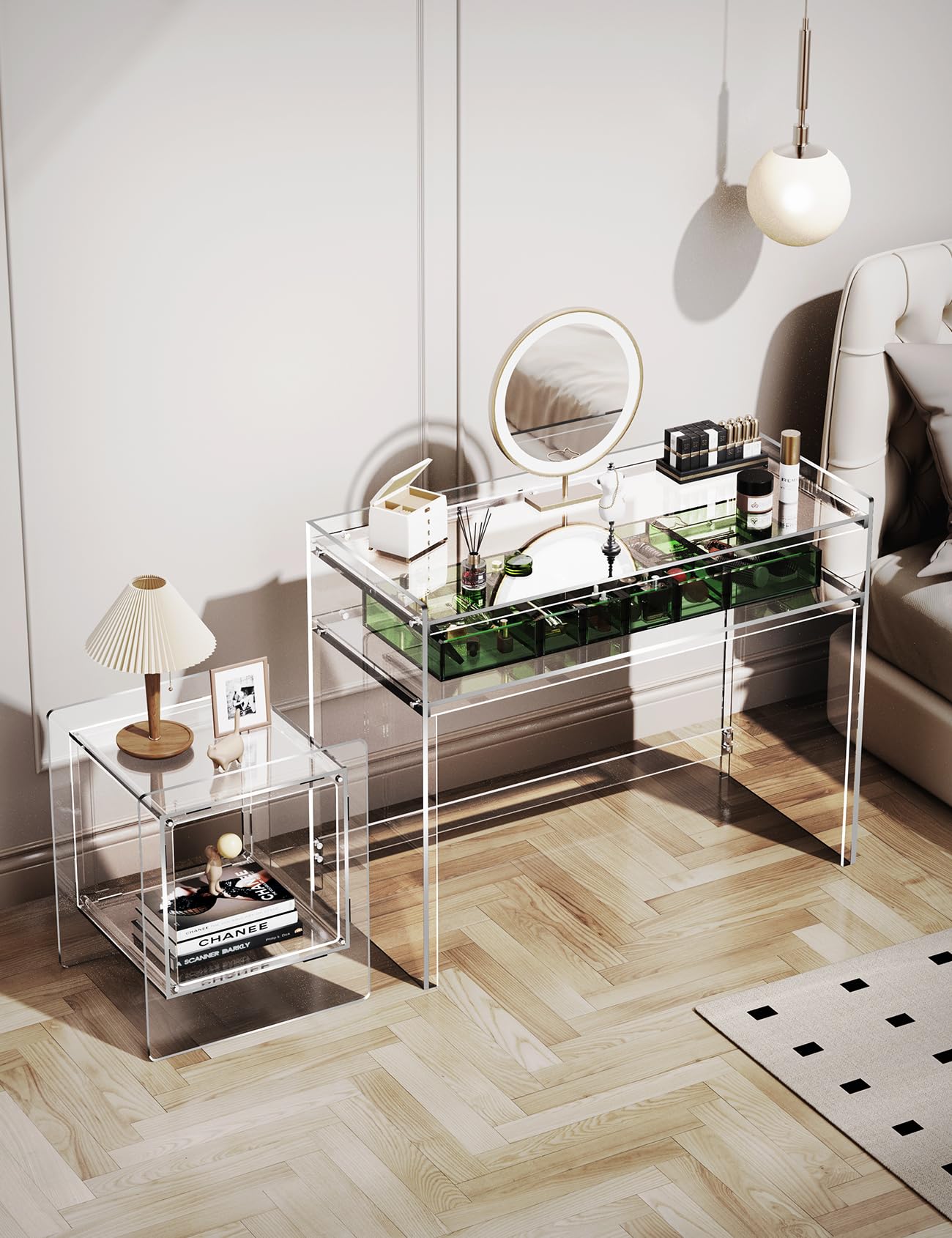 Acrylic Vanity Clear Desk Make Up Table with Storage Shelves 17.7" D x 39.4" W x 31.5" H （Without Mirror ）