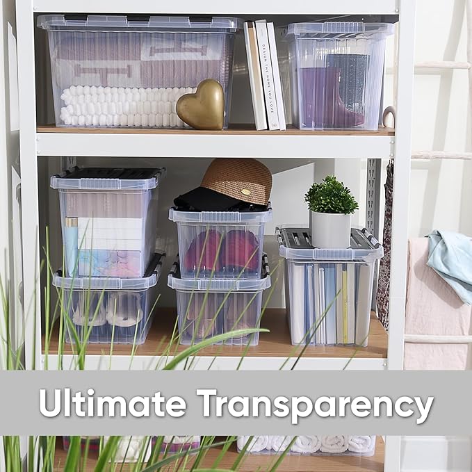 Superio Storage Box with Hinged Lids, Plastic Container Bins for Organizing with Attached Lid, Stackable Crates, BPA Free, Organizers for Home and Dorm, 10.5 Quart (Clear with Grey Lids, 15"x10"x7")