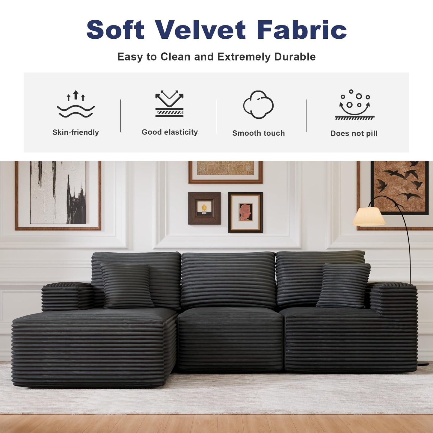 104" Modular Sectional Sofa with L-Shape Chaise, Modern Upholstered Cloud Couches for Living Room Bedroom, No Assembly Required, Dark Grey