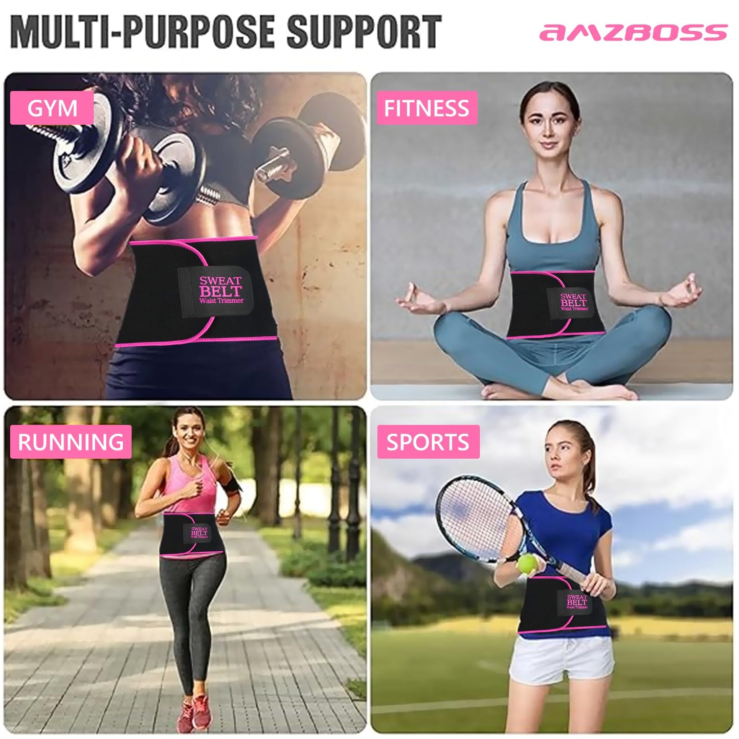 AMZBOSS Waist Trainer for Women Lower Belly Fat, Waist Sweat Band for Women, Belly Band Sweat Belt, Stomach Wrap, Body Shaper, Great Gym Accessories for Sauna, Working Out, Fitness, Medium Black/Pink