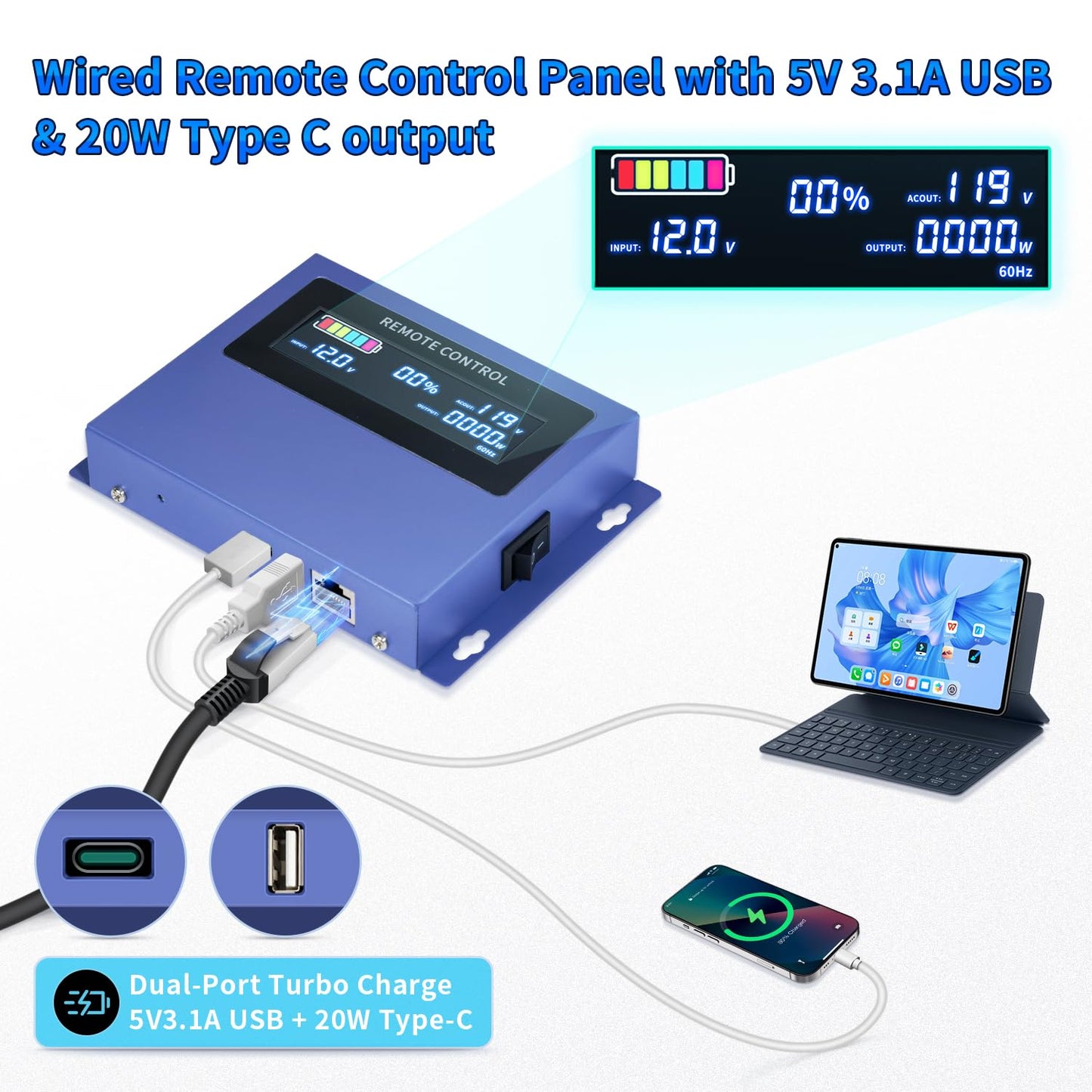 2500W Pure Sine Wave Inverter Dc 12V To Ac 110V/120V Converter, 5000W (Peak) With Lcd Display, Wireless/Wired Remote Control, 4A