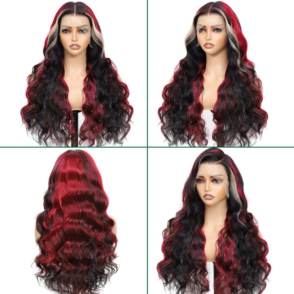 Aolvoblees Skunk Stripe Human Hair Wig Ombre 250% Density 13X4 Body Wave 1B/27/99J Highlight Burgundy HD Lace Front Frontal Glue