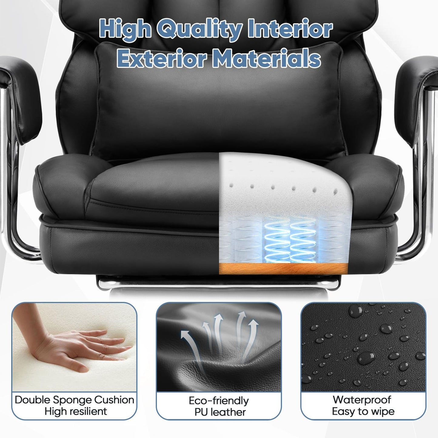 DUMOS Home Office Desk Executive Chair - Ergonomic Big Tall High Back with Footrest & Lumbar Support, Reclining Height Adjustable, Comfy PU Leather Computer Gaming with Swivel Wheels, Black