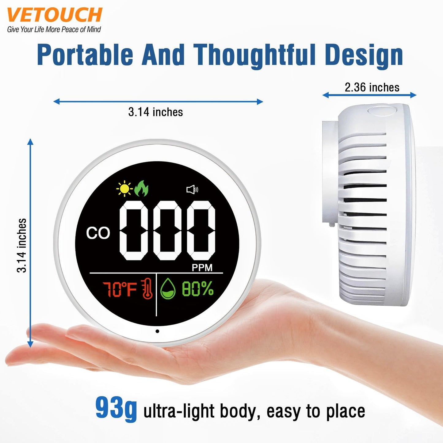VETOUCH High-Precision CO Detector Ultra-Fast Response Durable & Stable 24/7 Monitoring with Instant Alarm Stable Performance CO Alarm Ultra-Fast Sensing Durable Metal Housing